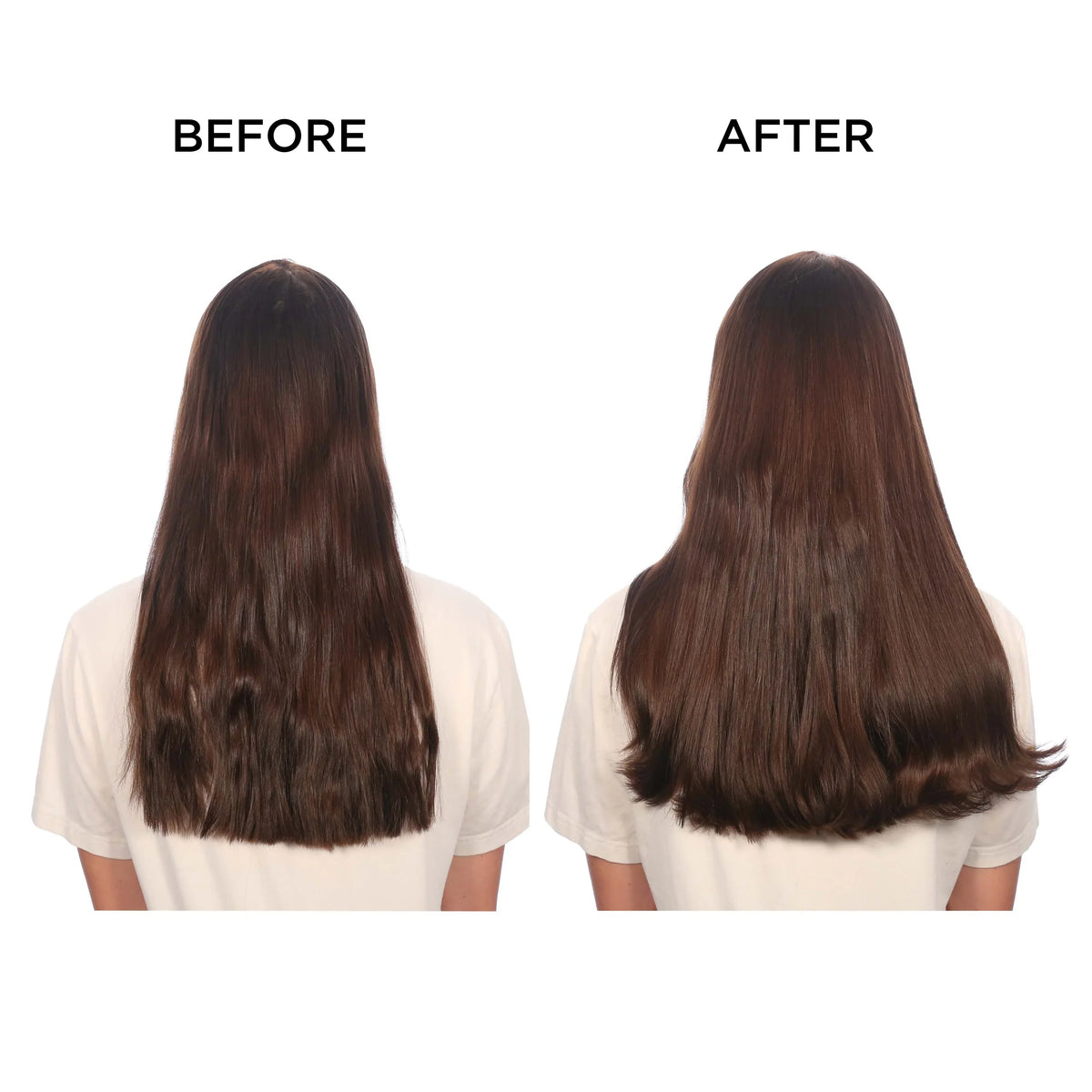 Before and after comparison of long, dark hair on a white background