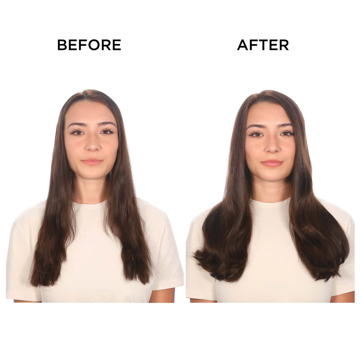 Before and after comparison of a woman with long hair on a white background